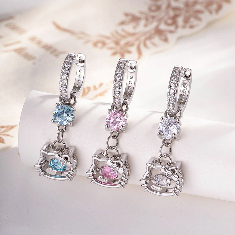 ฝัง Hearts Arrows Zircon Hollow Cat Head Beating Zircon จี้เข็มตรงเจาะหูหัวเข็มขัด