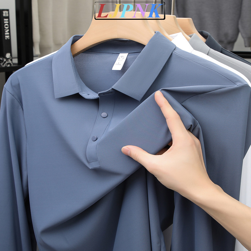 LJPNK แขนยาวโปโลสำหรับผู้ชาย - ผ้าไหมน้ำแข็งสีทึบ ระบายอากาศดี เสื้อลำลองธุรกิจสำหรับฤดูใบไม้ร่วงและสไตล์ทุกวัน