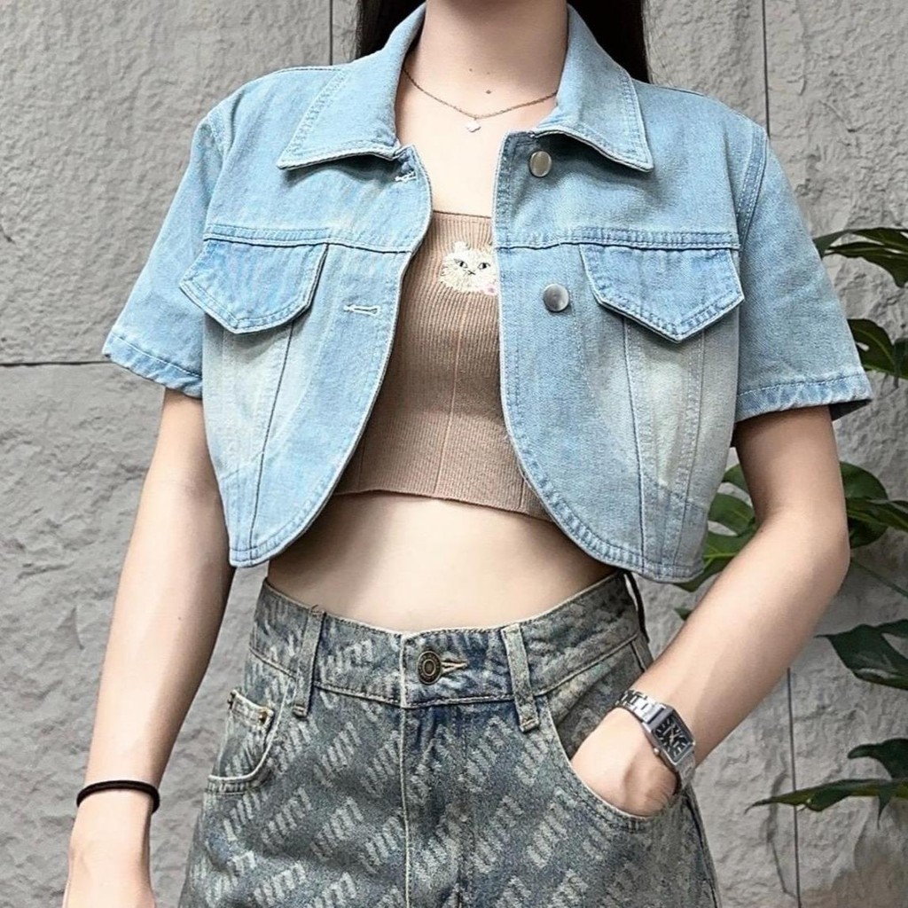NAMCHA เสื้อยีนส์แขนสั้น เสื้อคลุมยีนส์ สีอ่อน ผู้หญิง #NA-3002