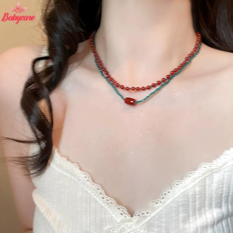สร้อยลูกปัดสีสันสดใส สไตล์เรโทร สีแดงและสีฟ้า พอดีเป็นของขวัญสำหรับคนรักแฟชั่น