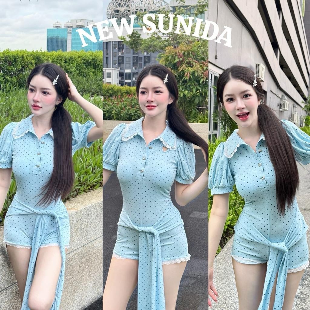 Shop_DD ชุดจั๊มขาสั้นสีฟ้า ชุดน่ารักแบบคุณหนู Sunida29 DD