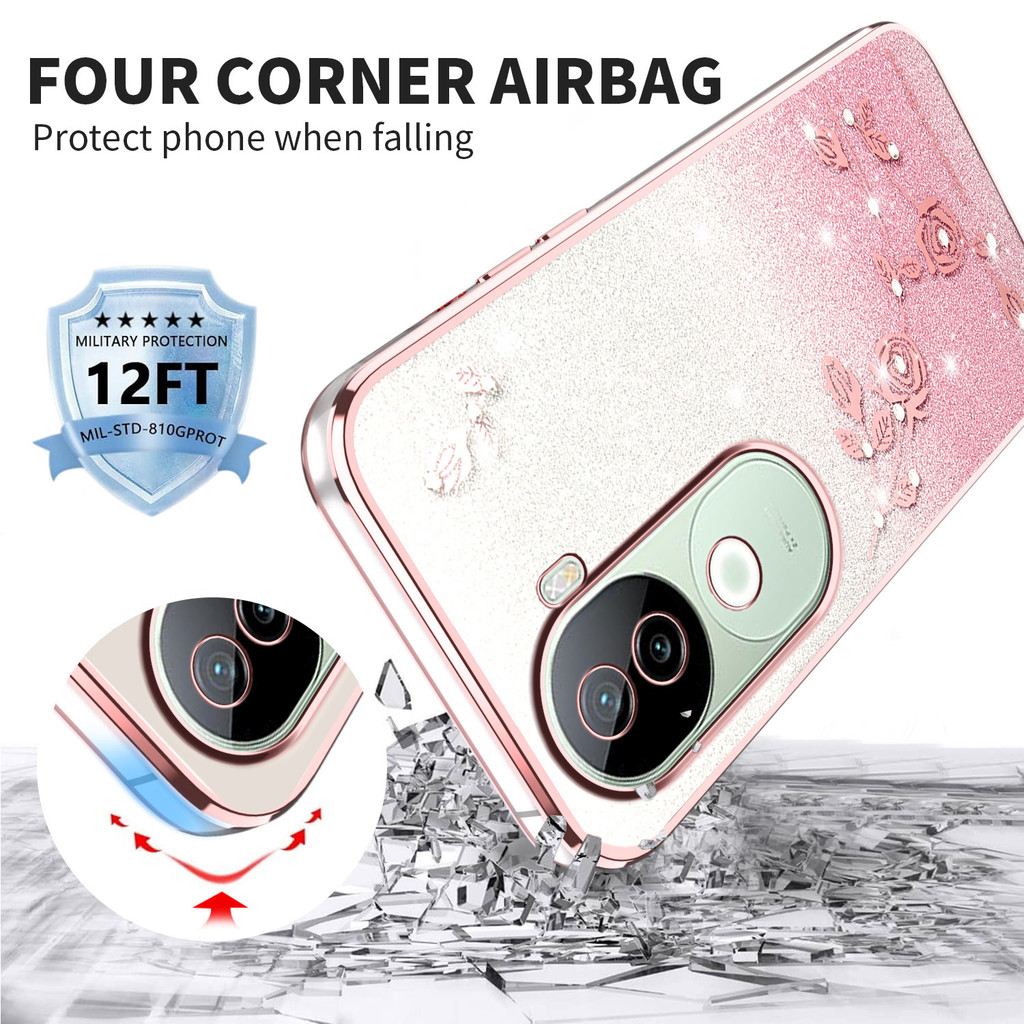 หรูหรา Rose รูปแบบ Glitter เคสโทรศัพท์ใช้งานร่วมกับสําหรับ VIVO V40E 5G Global IQOO Z9S, กันกระแทก D