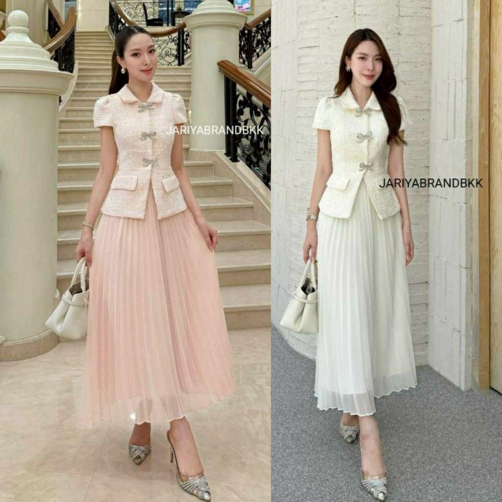 Jariya18 ชุดเซ็ท3ชิ้นเสื้อทวิสคอปกแขนสั้น+กระโปรงพลืทยาว+เข็มกลัดโบว์เพชร