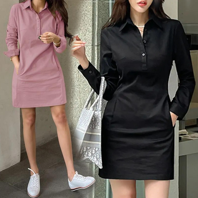 Dahong  💖 99120 เสื้อเชิ้ตยาว ชุดเดรสยาว  สำหรับผู้หญิง คอปก ติดกระดุมหน้า สีพื้น สไตล์เกาหลี มีกระเป๋า