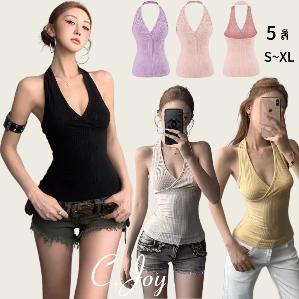 C.Joy💓เสื้อกั๊กคอวีสไตล์เรโทรสุดเซ็กซี่สไตล์อเมริกันสำหรับผู้หญิงในช่วงฤดูร้อน เสื้อตัวสั้นเปิดหลังสุดฮอตรุ่นใหม่