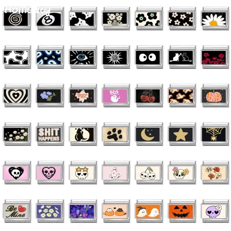 สร้อยข้อมือ charm สไตล์ดอกไม้อิตาเลียนสีดำ ขนาด 9 มม., สแตนเลส สำหรับ DIY และการประดับตกแต่ง