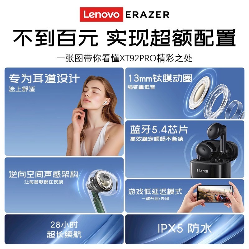 2024 สไตล์ใหม่ผิดปกติ XT92Pro ชุดหูฟังบลูทูธไร้สายชนิดใส่ในหู HiFi ซับวูฟเฟอร์ลดเสียงรบกวน Latency ต