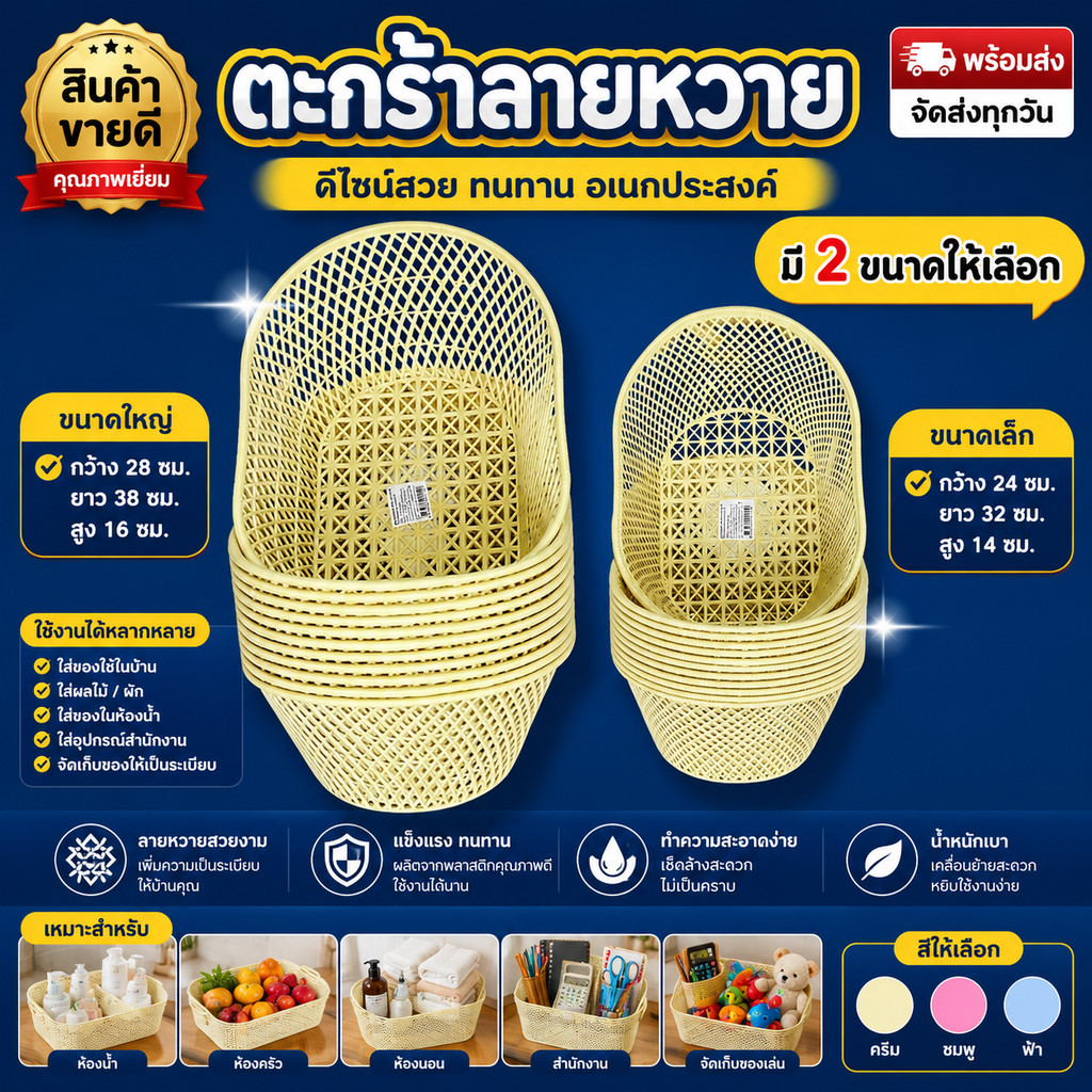 ตะกร้าลายหวายพลาสติก ตะกร้าอเนกประสงค์ สไตล์หวายสวยงาม มี 2 ไซส์ เล็ก-ใหญ่ คุณภาพดี พร้อมส่ง