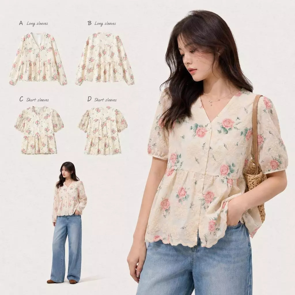 Chili Koko เสื้อเชิ้ตแขนยาวผู้หญิง สไตล์เกาหลี สุภาพสตรี หลวม วินเทจ ปักดอกไม้ คอวี เสื้อเบลาส์ เสื้อแขนพอง 99189