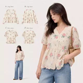 Chili Koko เสื้อเชิ้ตแขนยาวผู้หญิง สไตล์เกาหลี สุภาพสตรี หลวม วินเทจ ปักดอกไม้ คอวี เสื้อเบลาส์ เสื้อแขนพอง 99189