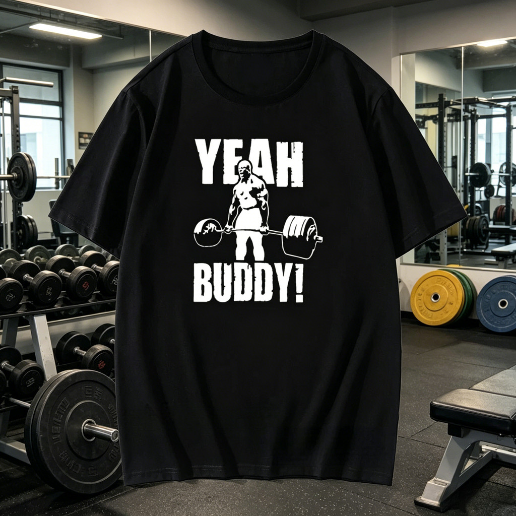 เสื้อยืดฤดูร้อน ลายเงาคนกล้ามยกบาร์เบล ข้อความ YEAH BUDDY ผ้าฝ้ายแท้100% ใส่ได้ทั้งชายหญิง สไตล์ยิมฮ