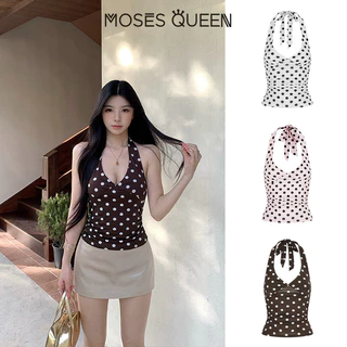 MOSESQUEEN เสื้อกล้ามคล้องคอลายจุดความปรารถนาบริสุทธิ์ในรูปแบบใหม่สําหรับใส่ด้านนอก - เสื้อโชว์สุดเซ็กซี่สําหรับเด็กผู้หญิง #63734