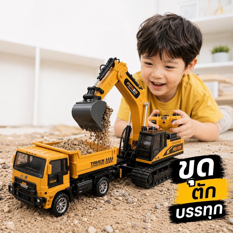 รถดั้มบังคับวิทยุ 24G รถก่อสร้างบังคับ มีไฟมีเสียง ยกเทได้ ชาร์จUSB ของเล่นเด็ก BHQ
