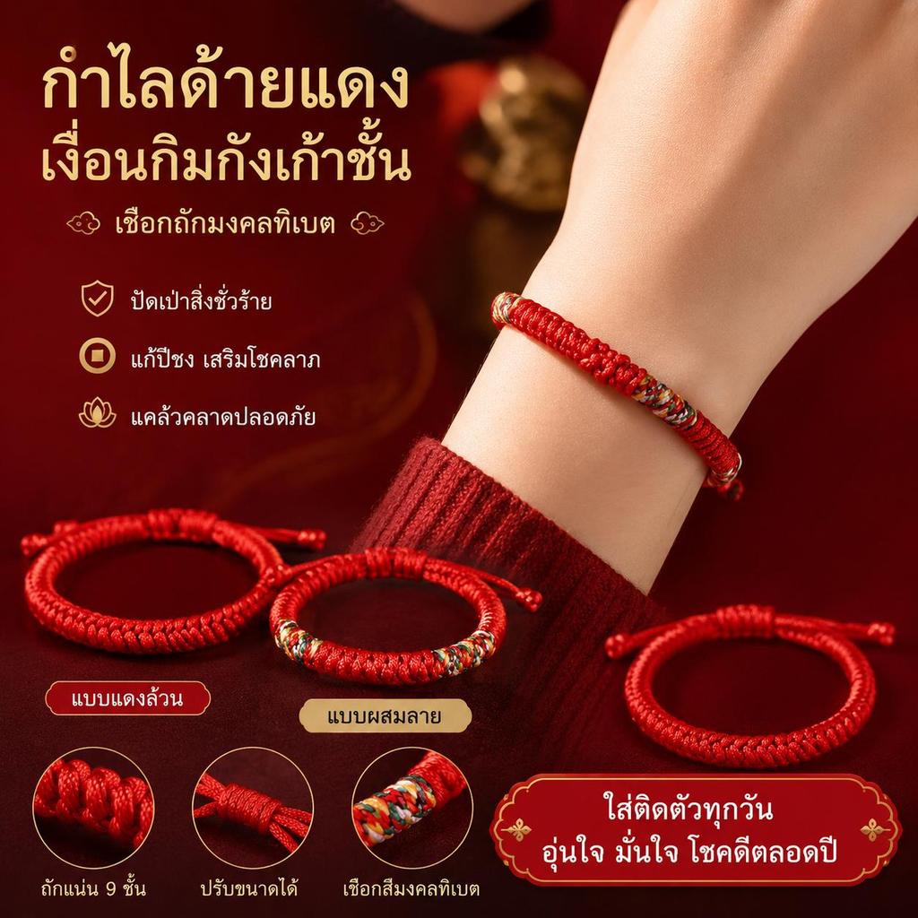 กำไลด้ายแดงเงื่อนกิมกังเก้าชั้น สายธิเบตแท้ เชือกมงคล ปัดเป่าสิ่งชั่วร้าย แก้ปีชง เสริมโชคลาภ แคล้วคลาด ปรับขนาดได้