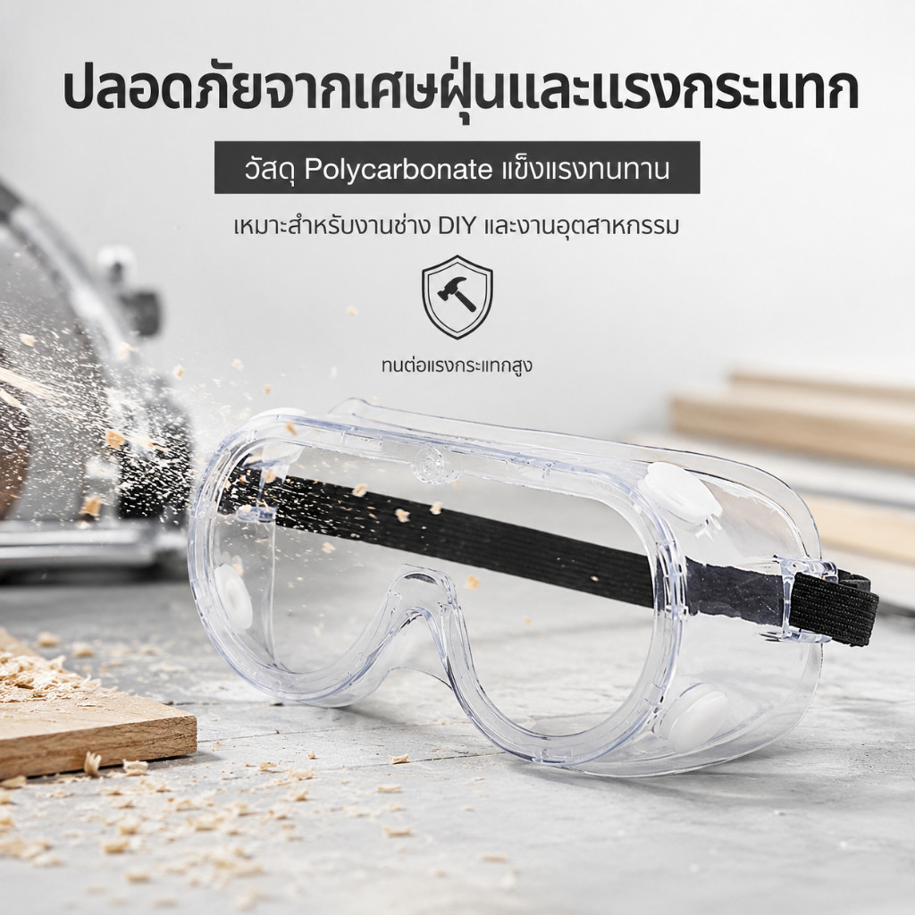 แว่นตานิรภัยใส กันฝุ่น กันละอองน้ำ สารเคมี เลนส์ใส 180องศา สวมทับแว่นสายตาได้ สายรัดปรับได้ งานช่าง ห้องแล็บ