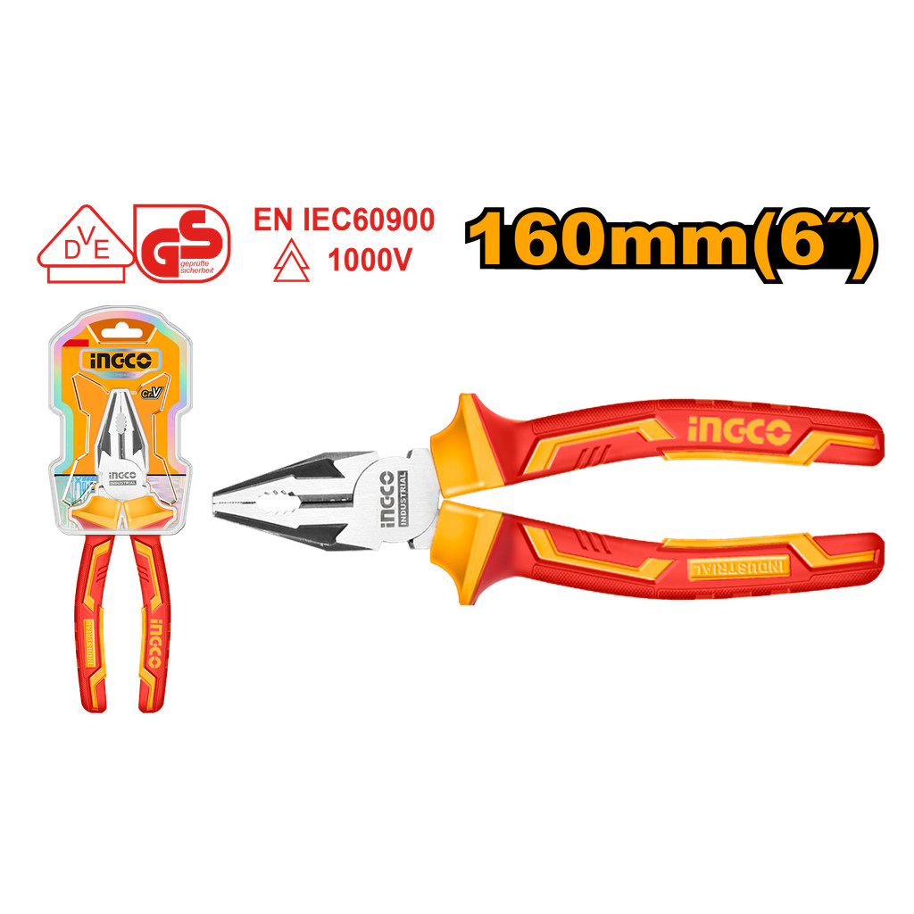 INGCO คีมปากจิ้งจก 6 นิ้ว หุ้มฉนวน VDE กันไฟฟ้า 1000 โวลท์ รุ่น HICP28168 (Insulated Combination Pliers)