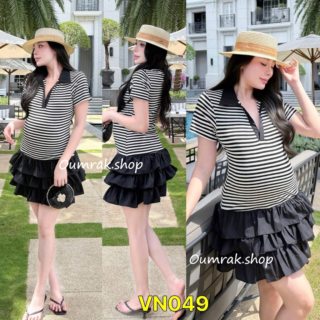 VN049 (ส่งด่วน/ส่งทันที) มินิเดรสแฟชั่นเวียดนาม ด้านบนเป็นผ้ายืดลายริ้วต่อกระโปรงแต่งระบายเป็นชั้น So cute  (งานแฟชั่น)