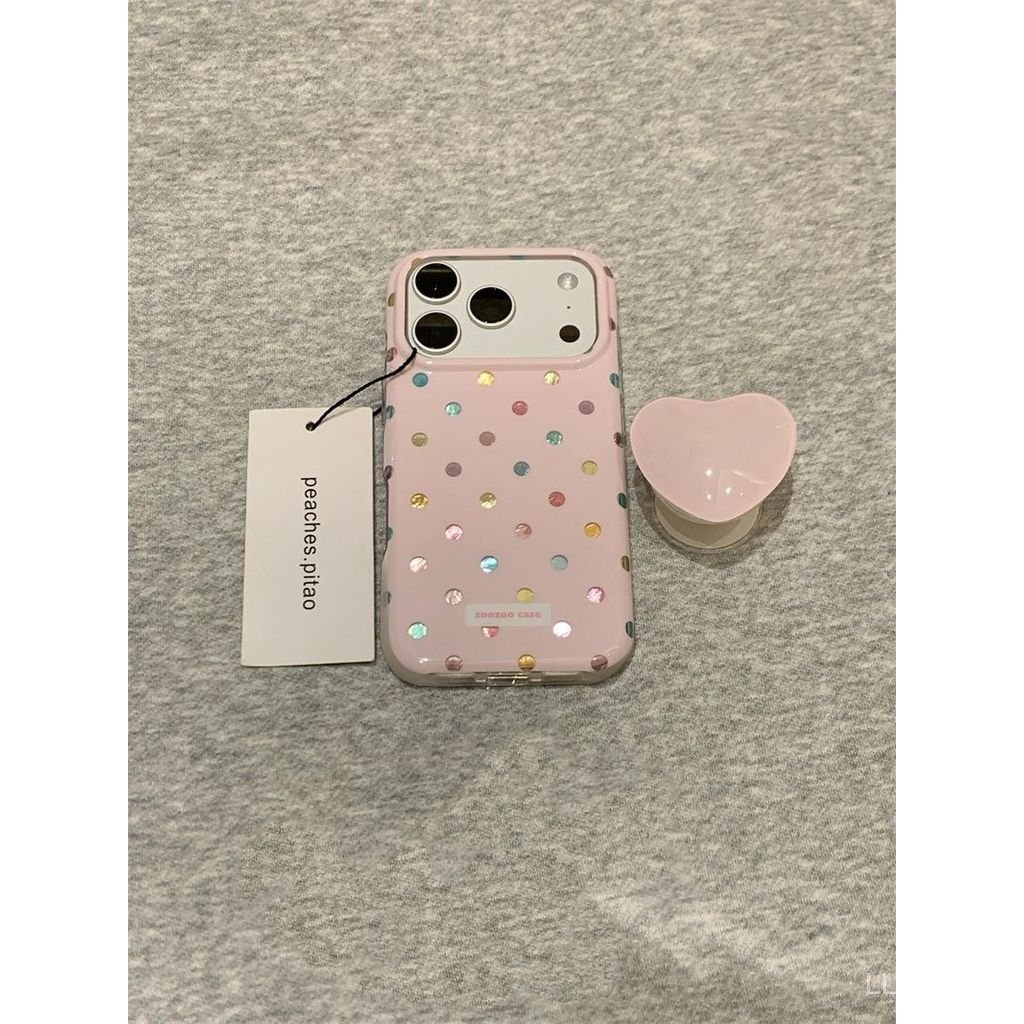 เคสโทรศัพท์ เหมาะสําหรับ iPhone 7 8 XS XR 11 12 13mini 14 15 16 17 Pro max Plus Air สีชมพู Polka Dot Bracket กันกระแทกกันกระแทกกันกระแทกเคสรวมทุกอย่าง XG0L