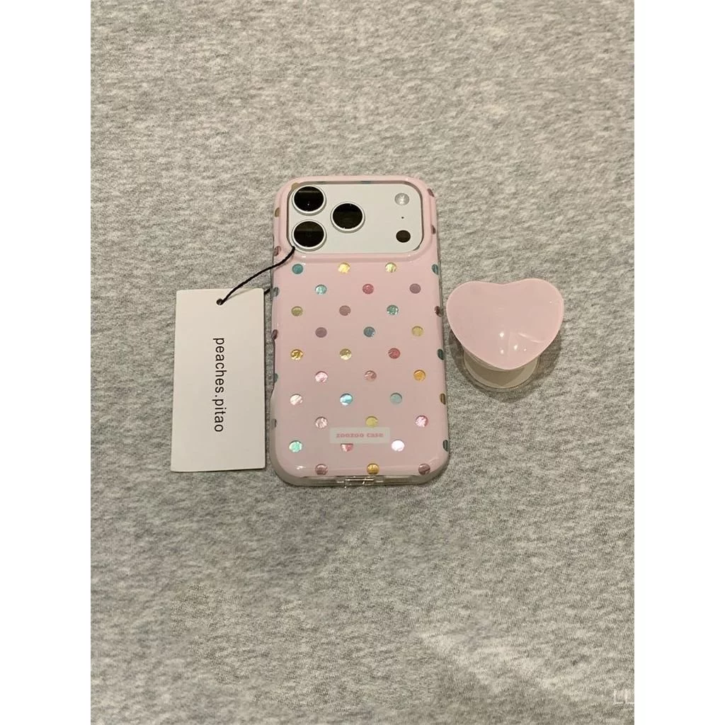 เคสโทรศัพท์ เหมาะสําหรับ iPhone 7 8 XS XR 11 12 13mini 14 15 16 17 Pro max Plus Air สีชมพู Polka Dot Bracket กันกระแทกกันกระแทกกันกระแทกเคสรวมทุกอย่าง XG0L