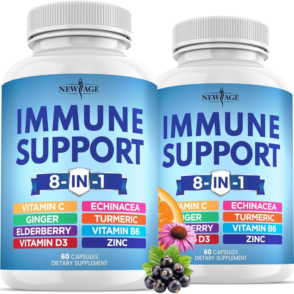 NEW AGE 8 in 1 Immune Support Booster Supplement with Echinacea, Vitamin C and Zinc 50mg, Vitamin D 