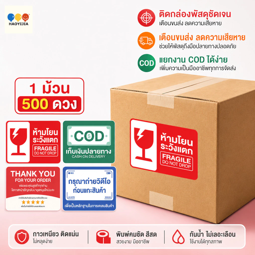 เทประวังแตก กันน้ำ 500 ดวง/ม้วน การจัดส่งแบบด่วน สติ๊กเกอร์คำเตือน ระวังแตก COD วิดีโอแกะกล่อง สติ๊กเกอร์