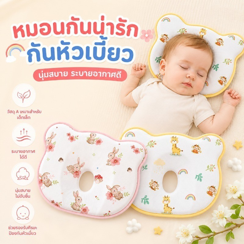 หมอนกันหัวแบนเด็กแรกเกิด หลุมตรงกลางช่วยป้องกันหัวเอียง ผ้าฝ้ายนุ่มละมุน ใช้ได้ถึง 6 เดือน