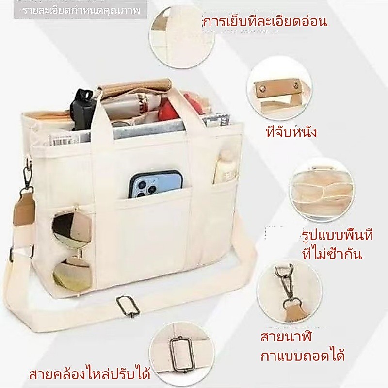 กระเป๋าโท้ทผู้หญิงความจุขนาดใหญ่หลายช่องการจัดเก็บแฟชั่นกระเป๋าถืออเนกประสงค์ผ้าใบก่อสร้างการออกแบบที่เรียบง่ายในเมือง