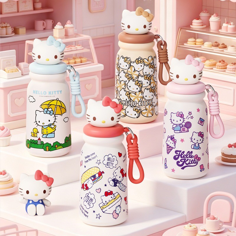 Hello Kitty Thermos High Aesthetic 316 ถ้วยน้ําสแตนเลสคู่การ์ตูนถ้วยฟางแบบพกพา