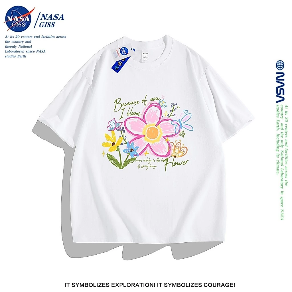 NASA เสื้อยืดหญิงชาย สไตล์ลำลอง เสื้อยืด summer flower พิมพ์ลาย เสื้อยืด cotton คอกลม ทรงหลวม ระบายอากาศ
