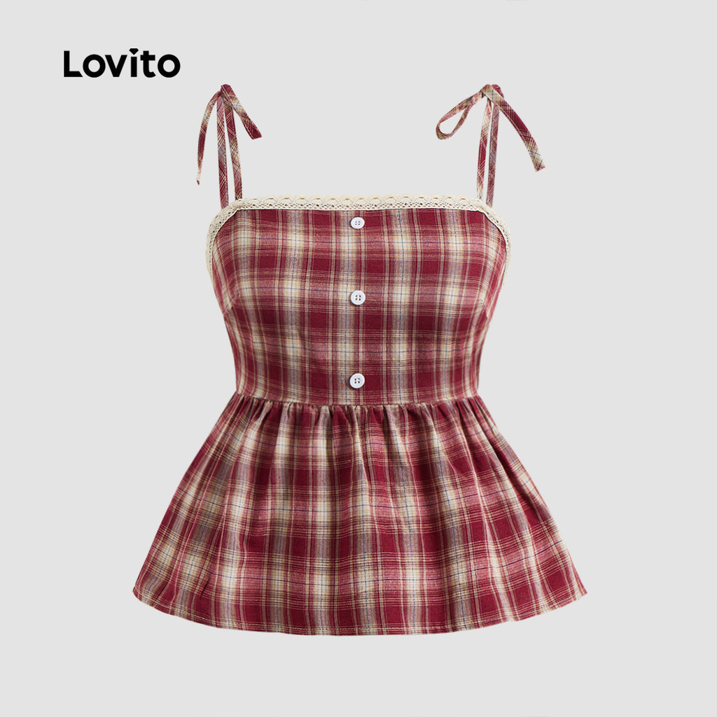 Lovito เสื้อแคชชวลลายสก็อต ทรงหลวม ชายระบาย ผูกด้านหน้า ติดกระดุม สำหรับผู้หญิง L124AD214