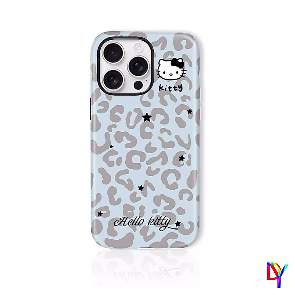 Blue และสีเทาเสือดาวพิมพ์ Hello Kitty ฟิล์ม 2-in-1 2 ชั้นสําหรับ iPhone 17 16 15 14 13 12 11 Pro Max Air Plus XS XR 7 8Plus Anti-fall กรณี