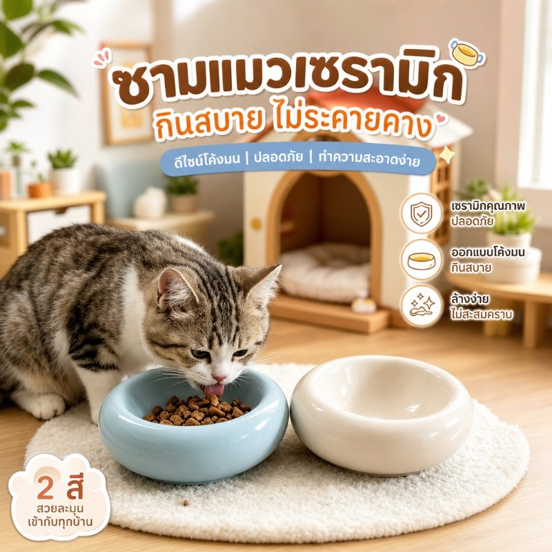 COD ชามแมวเซรามิก ชามสัตว์เลี้ยง 200ML เส้นผ่านศูนย์กลางขนาดใหญ่ ป้องกันพลิกคว่ำ ยิงที่อุณหภูมิสูง
