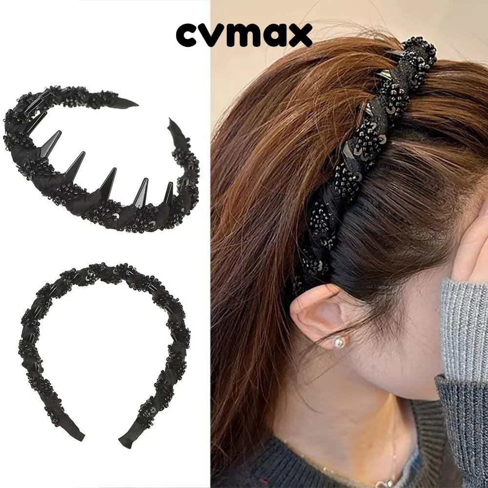 CVMAX ที่คาดผมลูกปัดสีดำหรูหรา พร้อมหวีกันลื่นทนทาน เหมาะสำหรับผู้หญิงและสาวๆ