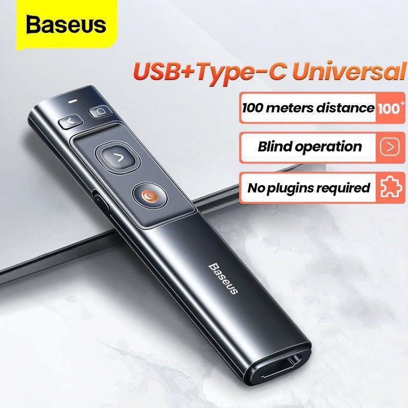 🔥Baseus รีโมทพรีเซนไร้สาย Type c + USB Wireless Remote Control Presentation Laser Pointer PPT #U104#