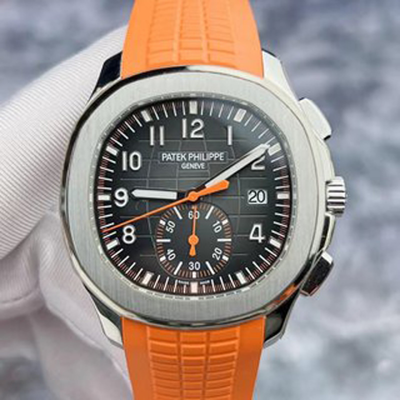 PatekPhilippee AQUANAUT Series สไตล์ใหม่ 5968A หน้าปัดสีดําเข็มสีส้มปฏิทินโครโนกราฟนาฬิกากลไกอัตโนมั