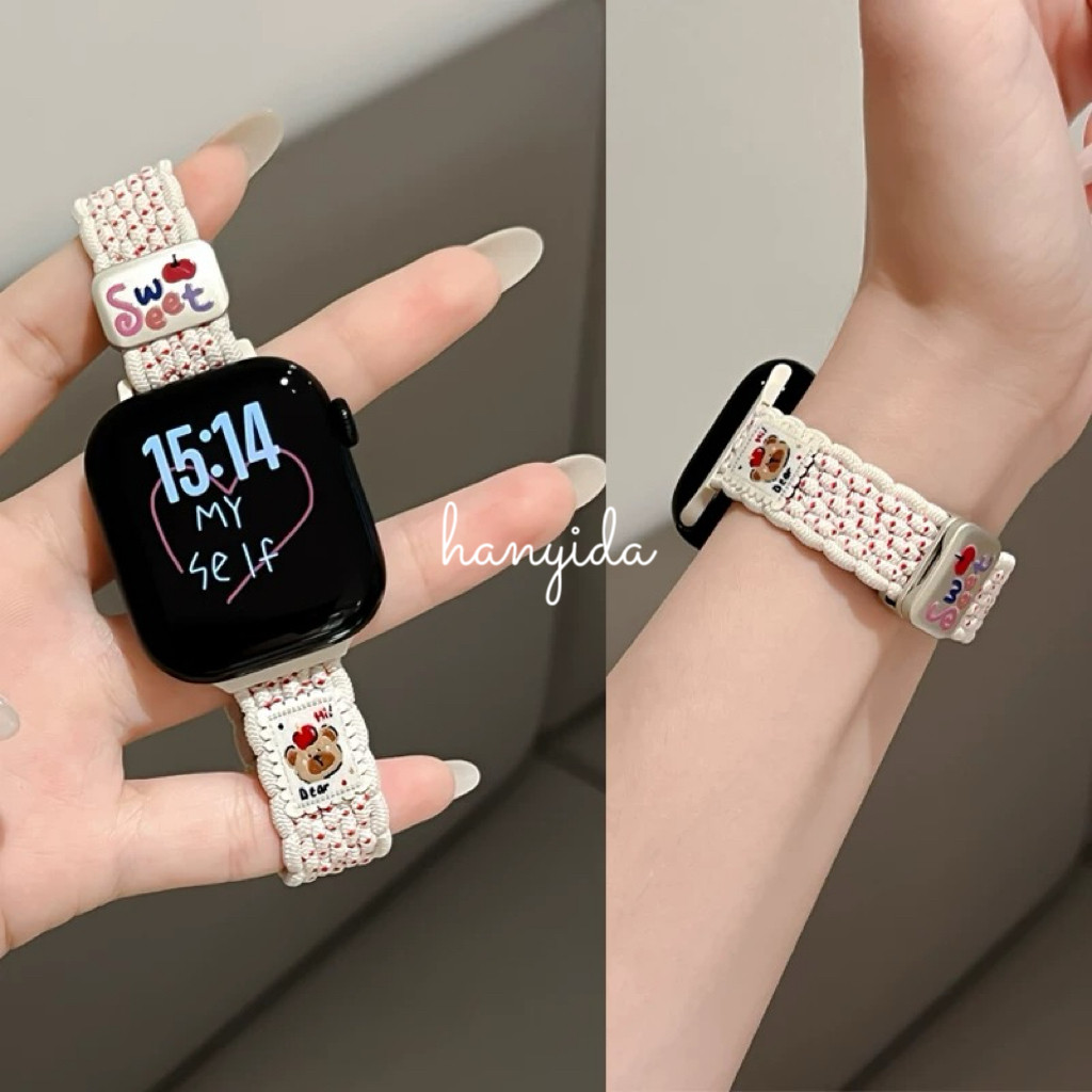 น่ารักบางการ์ตูนหมีสายทอไนลอนสําหรับSmartwatchสําหรับHuaweiนาฬิกาFit 4 Smartwatchสายรัดข้อมือแม่เหล็