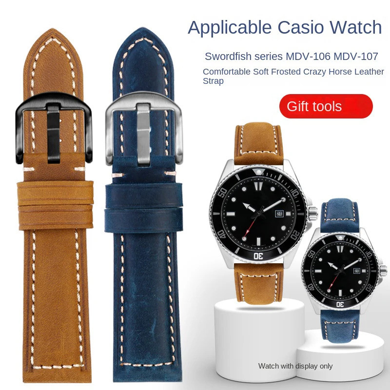 22 มม.สายนาฬิกาหนังสําหรับ Casio Marlin MDV-106 MDV107 EFR303 304 สาย Swordfish MTP-VD01 retro frost