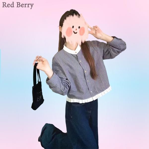 Red Berryเสื้อเชิ้ตผู้หญิงแขนยาวลายทางสไตล์เกาหลี เหมาะกับฤดูใบไม้ผลิและฤดูใบไม้ร่วงW594