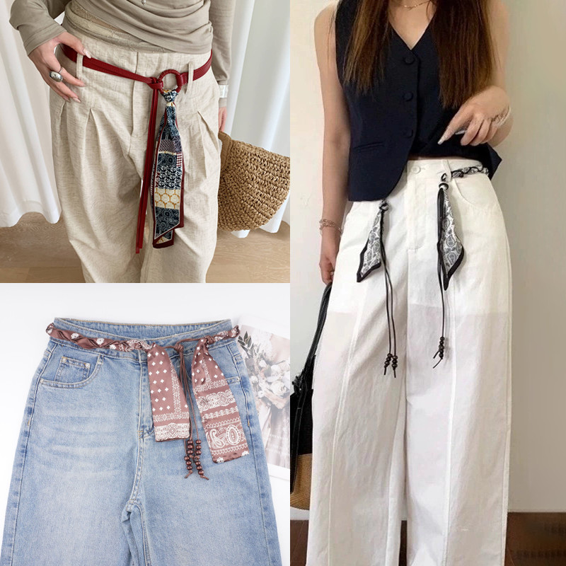 ผ้าพันคอไหม ฝ้ายขี้ผึ้งเชือกลูกปัดไม้ถักเข็มขัดโบฮีเมียนชาติพันธุ์เอวเชือกตกแต่งกับกางเกงยีนส์กระโปรงริบบิ้น