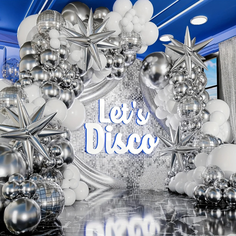 134ชิ้นเงินสีขาวบอลลูนชุดระเบิดดาวดิสโก้อลูมิเนียมฟอยล์โค้งบอลลูน ตกแต่ง วันเกิดพรรคตกแต่งงานแต่งงาน - รูปที่ 5