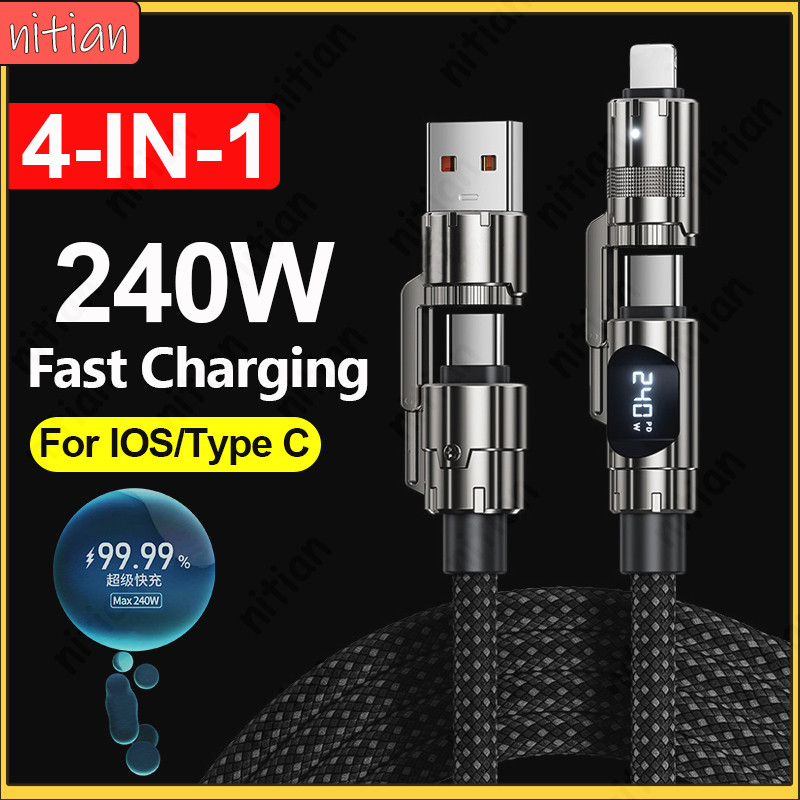 4 in 1 240W Super Fast Charging USB Type C Data Cable พร้อม LED Digital Display Wire Multi Interface Charger Cable ข้อมูลความเร็วสูงไนลอนถักสําหรับโทรศัพท์/แท็บเล็ต