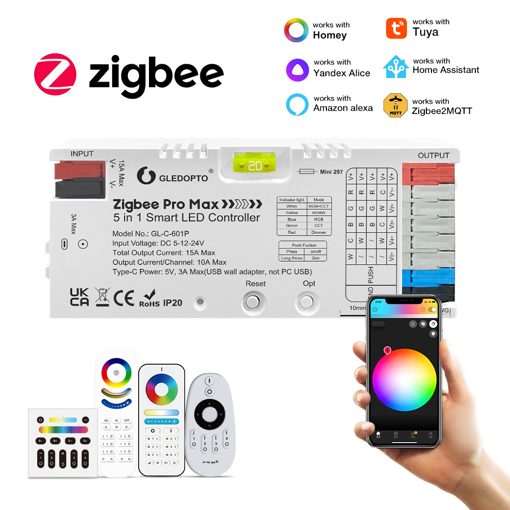 GLEDOPTO Pro Max ZigBee 3.0 LED Controller 5 in 1 RGBCCT RGBW RGB CCT Dimmer สีแสงสีขาวผสม 20A Pluggable ฟิวส์ App เสียง