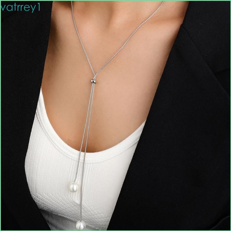 VAT1 Chic Long Pearls Lariat สร้อยคอมากล้อมหินเพียร์ลที่สามารถปรับความยาวตามต้องการ