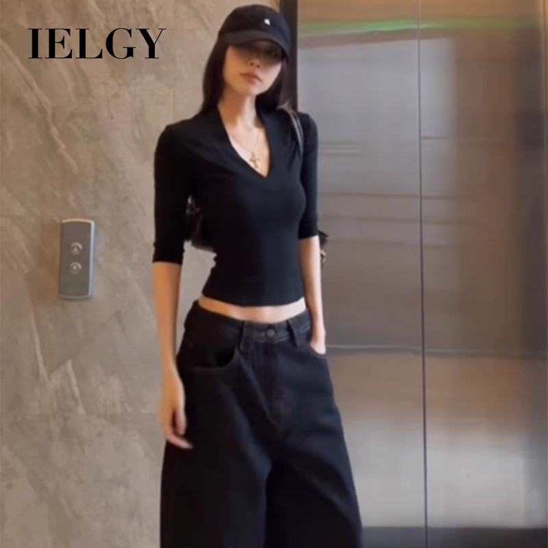 เสื้อยืดแขนยาวคอวีสีดำสำหรับผู้หญิง แบบสลิม핏 เหมาะสำหรับหลายโอกาส