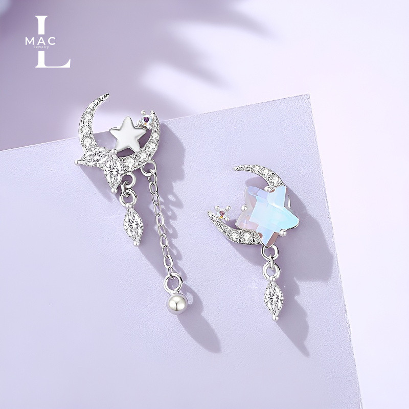 LMAC ✨Lunaris✨ต่างหูเงินแท้ S925 มูนสโตน ดาว พระจันทร์ ดีไซน์ไม่สมมาตร สวย น่ารัก ของขวัญ