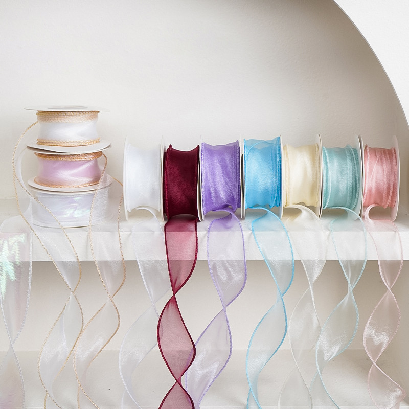 ริบบิ้นผ้า 4 cm ริบบิ้น 4 cm ริบบิ้นตกแต่งเค้กและของขวัญ แบบคลื่นและดอกไม้ พร้อมกล่องห่อผ้ากอซ