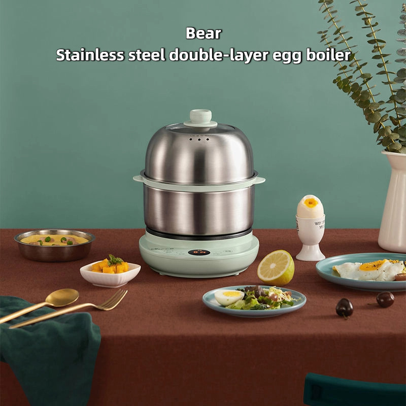 Bear หม้อหุงไข่สแตนเลสในครัวเรือนขนาดเล็ก 1 คน Double-Layer Multi-Function Handy เครื่องมือปิดอัตโนมัติไข่นึ่งอาหารเช้าเครื่อง