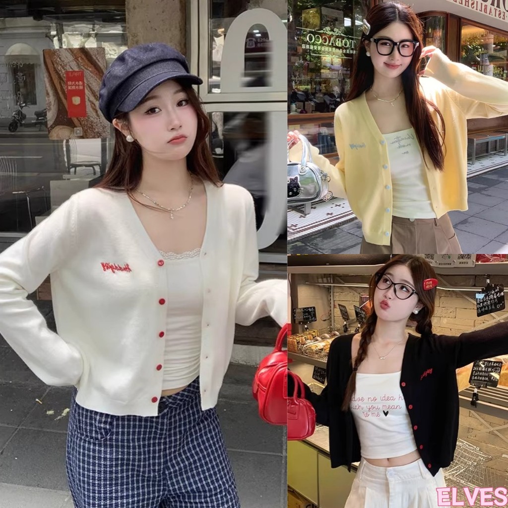 Elves พร้อมส่ง💟เสื้อคาร์ดิแกรนแขนยาว ผ้าไหมพรม สีน่ารักใส่สบาย เกาหลีมาก ใส่สบาย เสื้อยืดคอกลม ใส่สบาย"Z-K117"