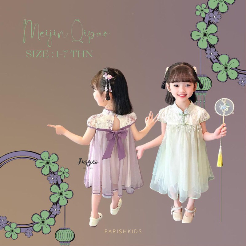 Meijin Pearly Qipao Dress/ Girls Lilac Green Qipao Dress