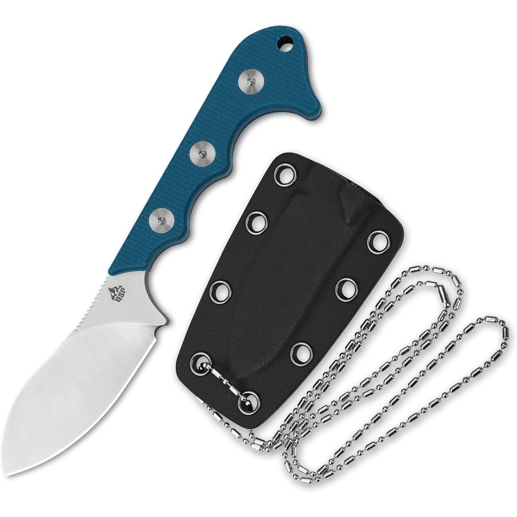 QSP Neckmuk Neck Knife, 2.87" D2 Satin Blade มีดใบมีดคงที่ขนาดเล็กพร้อมปลอก Kydex, Blue Micarta Hand